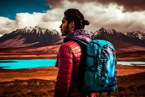 touristique avec une sac à dos dans une Montagne randonnée. neural réseau ai généré photo