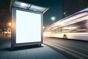 Vide La publicité lumière boîte sur autobus arrêt, maquette de vide un d panneau d'affichage sur nuit autobus gare, modèle bannière sur Contexte ville rue pour texte. neural réseau ai généré photo