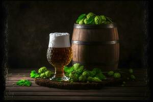 magnifique Bière avec mousse dans classique Bière verre dans foncé scène. neural réseau généré art photo