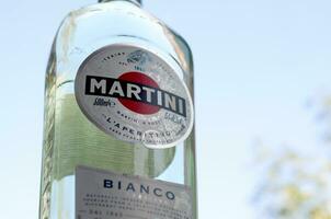 bouteille de Vermouth martini Rossi proche en haut logo sur une vert des arbres Contexte photo