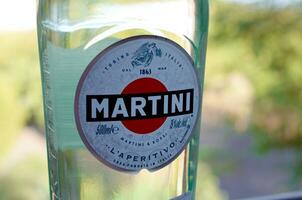 bouteille de Vermouth martini Rossi proche en haut logo sur une vert des arbres Contexte photo