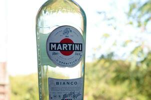 bouteille de Vermouth martini Rossi proche en haut logo sur une vert des arbres Contexte photo