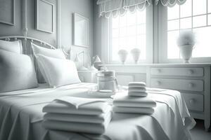blanc oreillers sur le lit dans une luxueux Hôtel. neural réseau ai généré photo