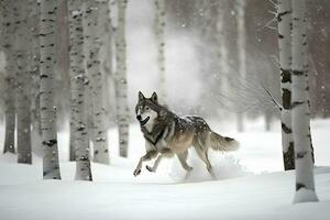 Loup dans neige, attrayant hiver scène avec loup, proche à Loup dans neige. neural réseau ai généré photo