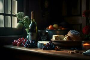 vin, fromage et les raisins dans une ancien installation. neural réseau ai généré photo