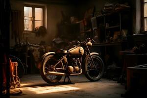 vieux ancien moto dans le garage. neural réseau ai généré photo