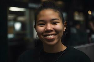 magnifique Jeune femme souriant portrait sur foncé Contexte. neural réseau ai généré photo