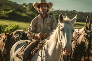 portrait Sénior homme dans cow-boy chapeau à cheval équitation sur Montagne piste. neural réseau ai généré photo