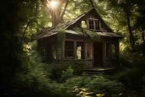 abandonné cabine dans le forêt. neural réseau ai généré photo