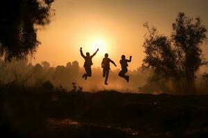 Jeune copains joyeusement sauter contre le toile de fond de le le coucher du soleil. neural réseau ai généré photo