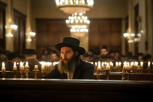 orthodoxe Juif lit prières dans le temple. neural réseau ai généré photo