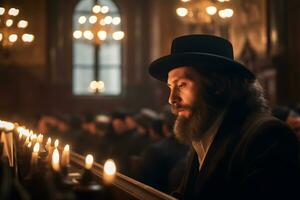 orthodoxe Juif lit prières dans le temple. neural réseau ai généré photo