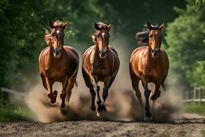 les chevaux gratuit courir sur désert orage contre le coucher du soleil ciel. neural réseau ai généré photo