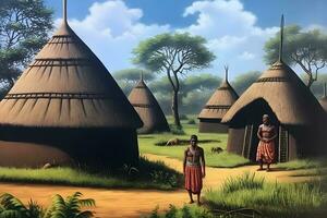 africain village illustration. tribu ethnique personnes. neural réseau ai généré photo