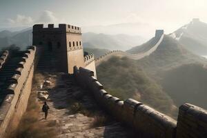 homme touristique des promenades le long de le génial mur de Chine. neural réseau ai généré photo