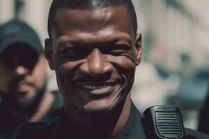 content et souriant africain américain police officier. neural réseau ai généré photo