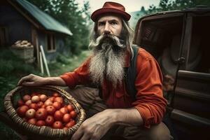 portrait de une agriculteur avec récolte. neural réseau ai généré photo