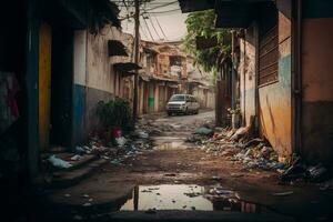 ghetto ville retour ruelle avec saleté ordures et pauvres résidentielle Maisons. neural réseau généré art photo