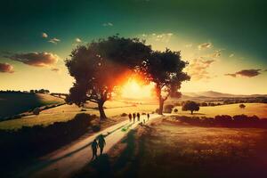 une groupe de gens en marchant dans le le coucher du soleil. magnifique paysage. neural réseau généré art photo