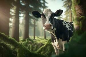 vert Prairie dans montagnes et vache, été paysage. neural réseau ai généré photo