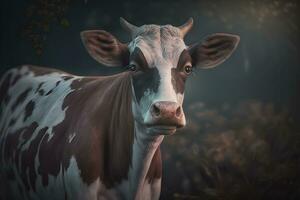 vert Prairie dans montagnes et vache, été paysage. neural réseau ai généré photo