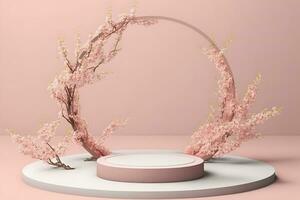 Frais luxuriant rose Sakura fleurs sur branche avec podium maquette dans doux lumière. neural réseau ai généré photo