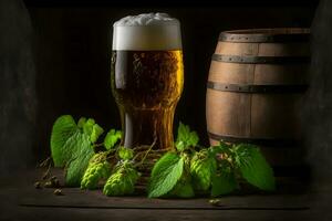 magnifique Bière avec mousse dans classique Bière verre dans foncé scène. neural réseau généré art photo