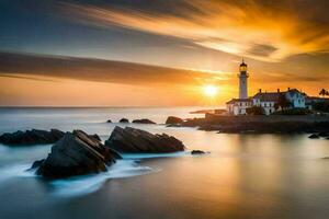 une phare est vu dans le le coucher du soleil plus de le océan. généré par ai photo