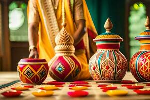 une femme est placement coloré des vases sur une tableau. généré par ai photo