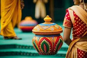 une femme dans une sari en portant une pot. généré par ai photo