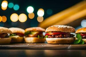 une groupe de hamburgers sur une en bois planche. généré par ai photo