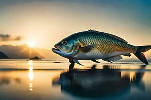 une poisson est permanent sur le plage à le coucher du soleil. généré par ai photo