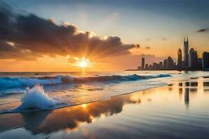 le Soleil monte plus de le ville horizon dans Dubai. généré par ai photo