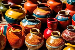 coloré poterie des vases pour vente à une marché. généré par ai photo