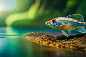 une poisson est permanent sur le l'eau avec certains rochers. généré par ai photo