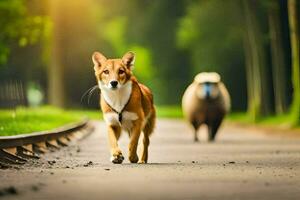 une chien en marchant sur une route avec une mouton derrière il. généré par ai photo