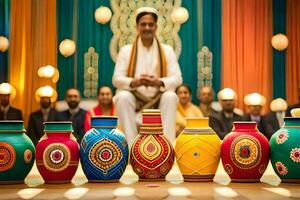 une homme dans une blanc chemise et turban séance dans de face de coloré vases. généré par ai photo