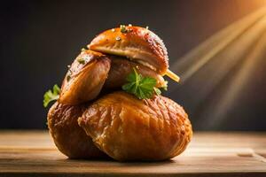 grillé poulet sur une en bois planche. généré par ai photo