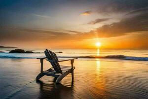 une chaise sur le plage à le coucher du soleil. généré par ai photo