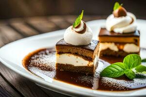 deux pièces de Chocolat gâteau avec fouetté crème et menthe. généré par ai photo