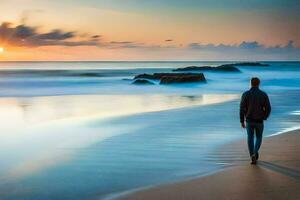 une homme des promenades le long de le plage à le coucher du soleil. généré par ai photo