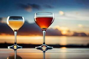deux des lunettes de du vin sur une table avec une le coucher du soleil dans le Contexte. généré par ai photo