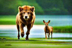 une Lion et une cerf en marchant dans le herbe. généré par ai photo