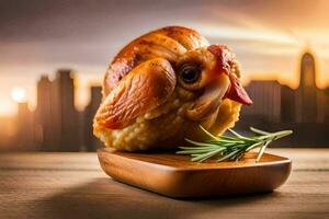 une poulet sur une en bois plateau avec une ville horizon dans le Contexte. généré par ai photo