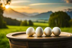 cinq des œufs dans une en bois panier sur une herbeux champ. généré par ai photo