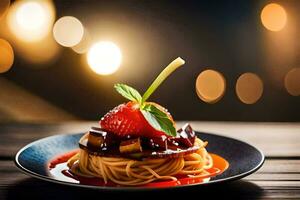 une assiette de spaghetti avec des fraises et sauce. généré par ai photo