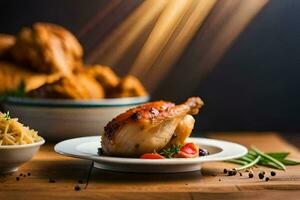 une poulet sur une assiette avec des légumes et une bol de Pâtes. généré par ai photo