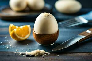 un Oeuf dans une tasse avec une couteau et une tranche de citron. généré par ai photo