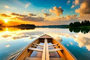 le bateau est sur le calme Lac à le coucher du soleil. généré par ai photo