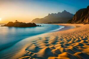 le Soleil ensembles plus de une plage avec le sable et rochers. généré par ai photo